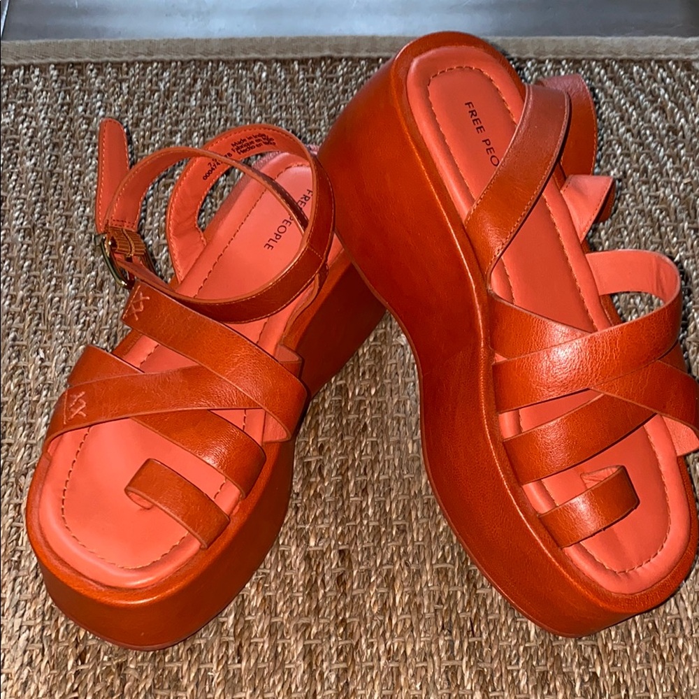 Free People Hazel Orange Platform Sandals with Chunky Sole size 7.5